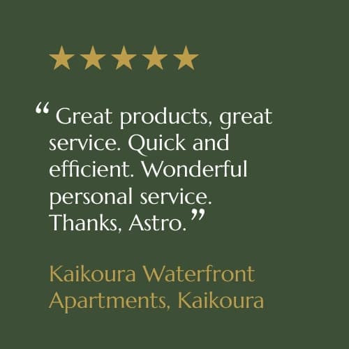 Five-star customer review card from Kaikoura Waterfront Apartments, Kaikoura