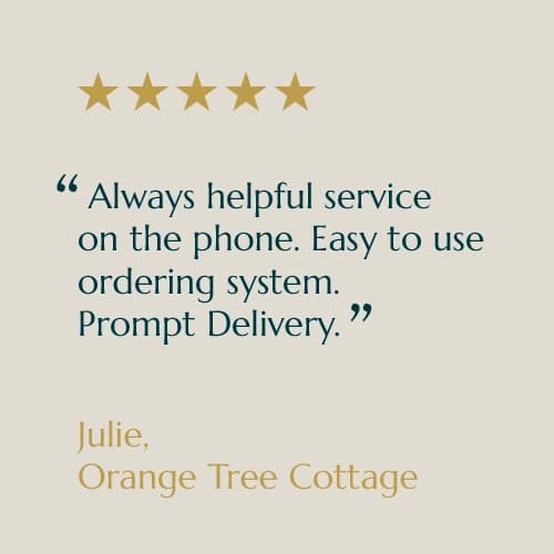 Five-star customer review card from Julie, Orange Tree Cottage