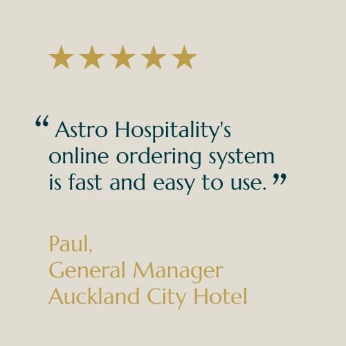 Five-star customer review card from Paul, General Manager, Auckland City Hotel
