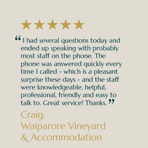 Five-star customer review card from Craig, Waiparore Vineyard & Accommodation