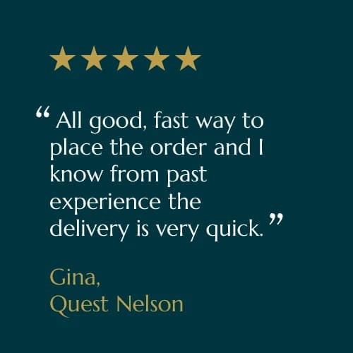 Five-star customer review card from Gina, Quest Nelson