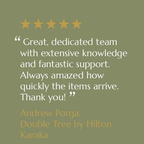 Five-star customer review card from Andrew Porga, Double Tree by Hilton Karaka