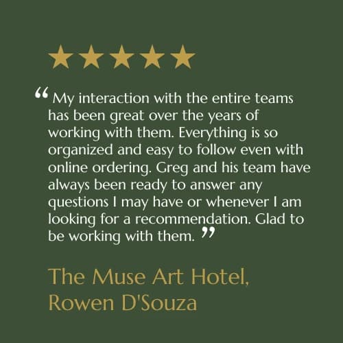 Five-star customer review card from Rowen D'Souza, The Muse Art Hotel