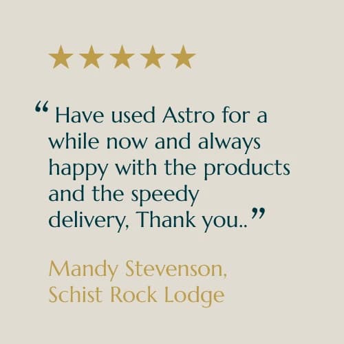 Five-star customer review card from Mandy Stevenson, Schist Rock Lodge
