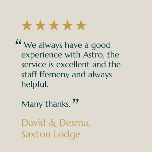 Five-star customer review card from David & Desma, Saxton Lodge