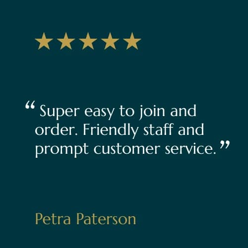 Five-star customer review card from Petra Paterson